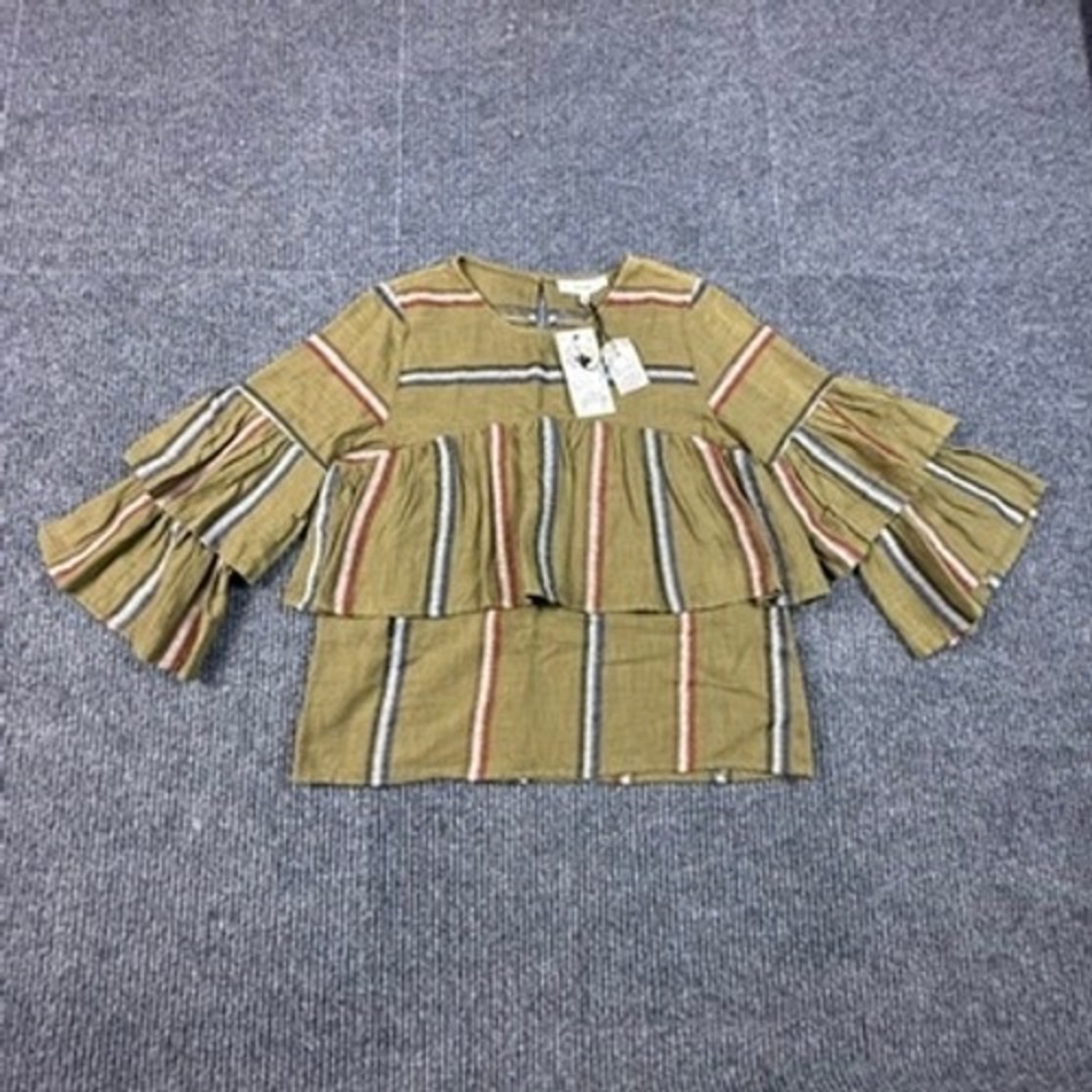Talori Bethany Top Olive Green Striped Embroidered Ruffle Tiered Blouse‎ NWT M